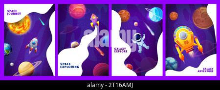 Galaxy posters. Cartoon space landscape and spaceship. Company promo banners, business startup vector background or business project posters template with fantastic starships, astronaut and planets Stock Vector