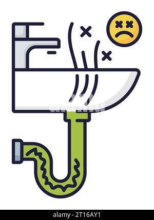 Plumbing service color icon, water pipe drain or sewerage repair vector line sign. Plumber service outline icon for sink pipes blockage fix and bathroom cleaning or kitchen drain sanitary maintenance Stock Vector