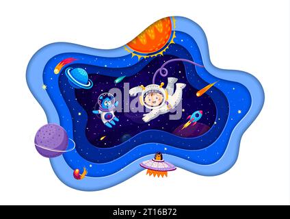 Space paper cut. Cartoon astronaut kid, funny alien, spaceship and starry galaxy playful and imaginative 3d vector scene. Cute boy spaceman flying in weightlessness with extraterrestrial creature Stock Vector