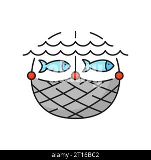 Fishing industry net fishes catch line icon. Seafood production equipment, offshore fishing industry technology thin line vector symbol. Aquaculture manufacture outline sign with trawler, fisher net Stock Vector