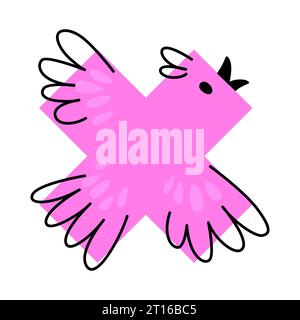 Cartoon bird animal character with math shape, geometry education for kids in vector doodle. Cute flying bird in cross math shape or multiplication sign and geometric figure with wings for mathematics Stock Vector