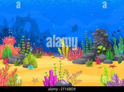 Arcade game level, cartoon underwater landscape vector backgrounds with ...