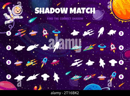 Shadow match game. Find the shadow of rocket, ufo and spaceships. Vector kids worksheet with cartoon spacecraft silhouettes. Children activity, preschool education, riddle for logical mind development Stock Vector