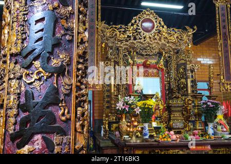 Can Tho, Vietnam. Offerings on Altar to Kuang Kung (Quan Cong) , Ong Temple (Chua Ong). Stock Photo