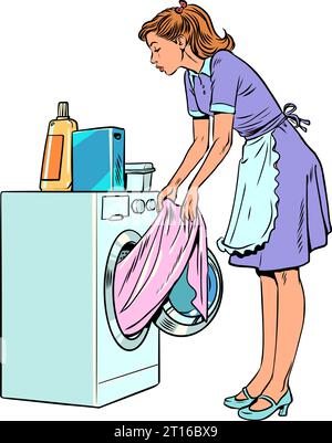 The servants help the owners with the laundry. Responsible housewife takes care of household chores. A girl in uniform pulls clothes out of the Stock Vector