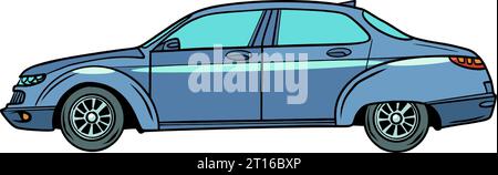 Organization of your own car dealership or tire fitting. Travel by car across the world. The blue car is moving. Stock Vector