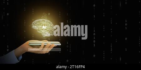 Ai technology. A hand holding a smartphone with glowing particles in the form of human brain and AI chip. Chat with AI, Artificial Intelligence, throu Stock Photo