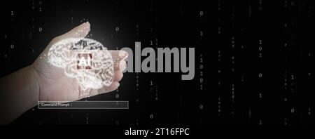 Ai technology. A hand holding glowing particles in the form of human brain and AI chip. Chat with AI, Artificial Intelligence, through command prompt. Stock Photo