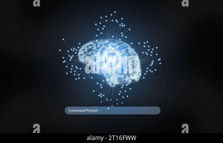 Ai technology. Glowing particles form a virtual graphic shape of brain with circuit pattern, and AI chip. Chat with AI, Artificial Intelligence, throu Stock Photo