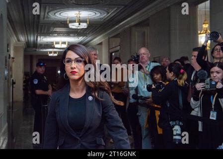 United States Representative Lauren Boebert Republican of Colorado in the Longworth House Office Building ahead of a conference to hear from members running for Speaker of the House on Wednesday, October 11, 2023. House Republicans are working to elect a nomination for Speaker after Speaker of the United States House of Representatives Kevin McCarthy Republican of California was ousted. Copyright: xAnnabellexGordonx/xCNPx/MediaPunchx Credit: Imago/Alamy Live News Stock Photo