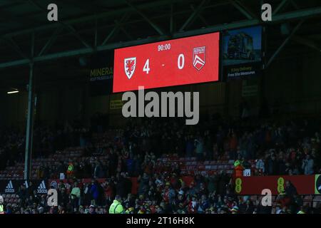 Wrexham, UK. 11th Oct, 2023. The scoreboard at the end of the game. International football friendly match, Wales v Gibraltar at STōK Cae Ras in Wrexham, Wales on Wednesday 11th October 2023. this image may only be used for Editorial purposes. Editorial use only, .pic by Chris Stading/ Credit: Andrew Orchard sports photography/Alamy Live News Stock Photo