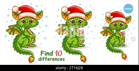 Cute Christmas fairy dragon, dinosaur monster find 10 difference education child puzzle game. Chinese New Year holiday animal. Kid logical task vector Stock Vector