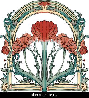 Red carnation flower art nouveau design element Stock Vector