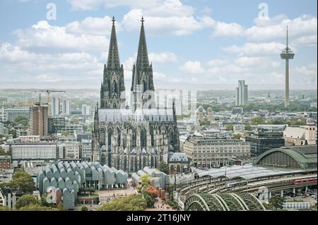 city view of cologne with cathedral, main station and museum ludwig in the foreground and many sights like st. gereon, cologne mosque, colonius tv tow Stock Photo