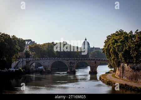 View over St. Peter's Basilica in Vatican and Castel Sant Angelo Bridge in Rome Stock Photo