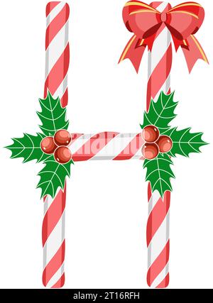 Letter H by Candy canes with holly and bow.Vector illustration Stock Vector