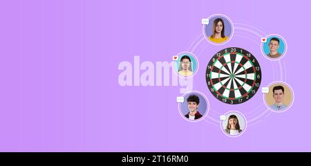 Target audience. Dartboard surrounded by photos of potential clients ...
