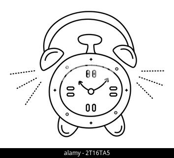 Cute black line alarm clock, round table timer, monochrome doodle, vector cartoon illustration Stock Vector