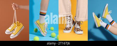 Photos of women in stylish sneakers on different color backgrounds, collage design Stock Photo