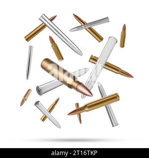 Many bullets falling on white background. Firearm ammunition Stock Photo