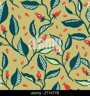 Seamless pattern with dynamic stylizes branches with red berries. Original trendy background for design Stock Vector