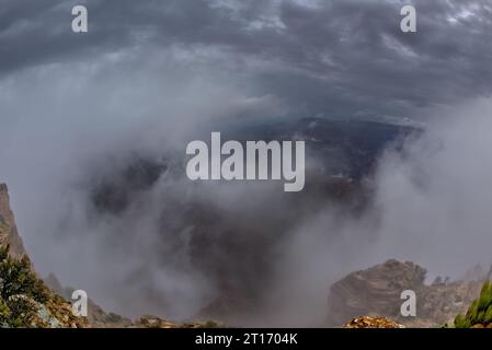 Grand Canyon view from Lipan Point on a cloudy day with the clouds floating inside the canyon. Stock Photo