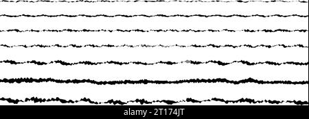 Jagged wave lines set. Black scribble stroke border collection. Grunge wavy zig zag stripes bundle. Edgy rough scribble design elements pack for poster, banner, booklet, brochure, decoration. Vector Stock Vector