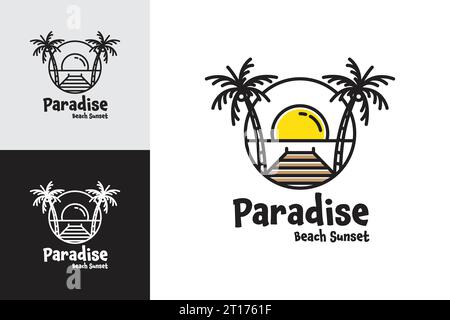 Line art paradise logo concept of tropical coastline with two palm trees at sunset Stock Vector