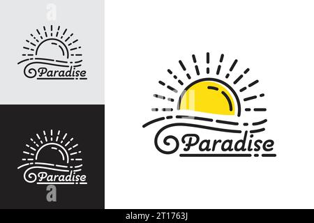 Line art of paradise logo at sunset with tidal ocean waves Stock Vector