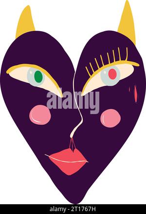 Red quirky strange clockwork heart with a funny face and horns. Illustration in a childish hand-drawn style Stock Vector