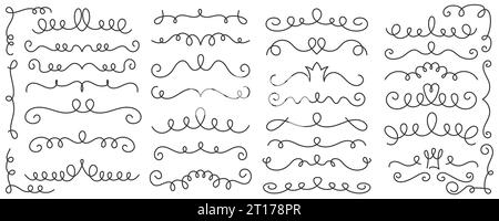 Underlines set with swishes swooshes and curly strokes. Swash hand drawn dividers. Squiggle calligraphy elements. Vector swirl doodle with hearts and Stock Vector