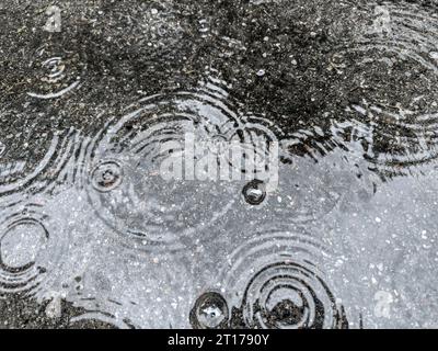 circles and bubbles on the puddle surface from the summer rain. Stock Photo