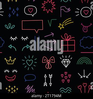 Hand drawn doodle elements seamless pattern. Dark theme. Cartoon illustrations on black background. Neon elements texture. Hand drawn Abstract shapes. Stock Vector