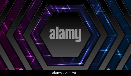 Black hexagon and arrows abstract tech banner design with glowing neon lights. Futuristic vector background Stock Vector