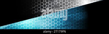 Black and blue tech glossy banner with honeycomb texture. Geometric abstract vector background Stock Vector