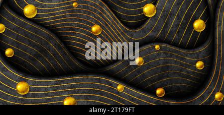 Tech vector golden and black graphic design with waves and balls. Geometric glossy 3d spheres. Abstract corporate grunge texture background Stock Vector