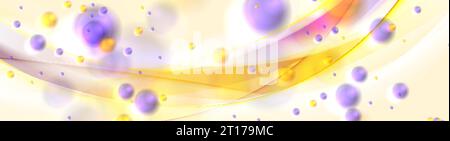 Yellow shiny waves with violet bokeh bubbles abstract banner design. Elegant vector background Stock Vector
