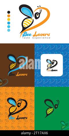 Modern bee logos for beekeepers. The stickers on the products of the apiary. Vector label for bee honey. Bee Lover logo four color variation. Stock Vector