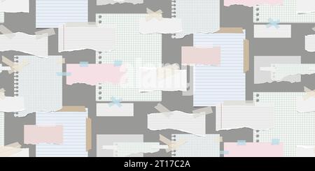 Lined whole sheet of paper and rip pieces with torn adges. Lined note. Notebook paper pieces with sticky tape stuck on gray. Seamless pattern for pres Stock Vector