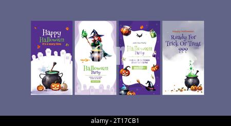 Halloween vertical social media stories or post collection with text, cute stuff and copy space in water color illustration. Stock Vector