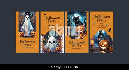 Set of Happy Halloween Party invitation and greeting card and template design for Social media. water color illustration, vector illustration. Stock Vector
