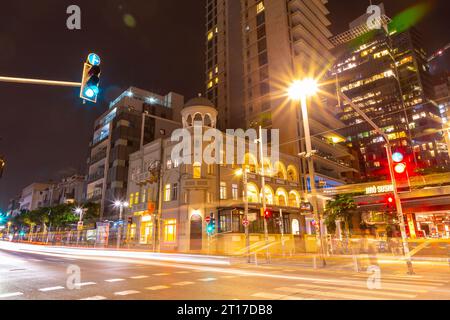 Tel Aviv, Israel - October 3, 2023 - Long exposure night view from the Rothschield Boulevard, one of the most popular places in Tel Aviv, Israel. Stock Photo