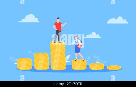 Salary and gender Inequality gap between women and men business concept flat style design vector illustration. Man and woman stand on its level of mon Stock Vector