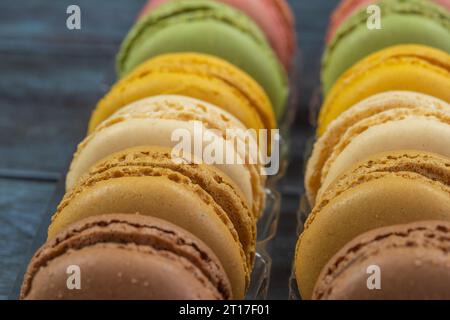 macaroons in a display case, close-up Stock Photo