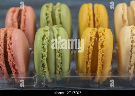 macaroons in a display case, close-up Stock Photo