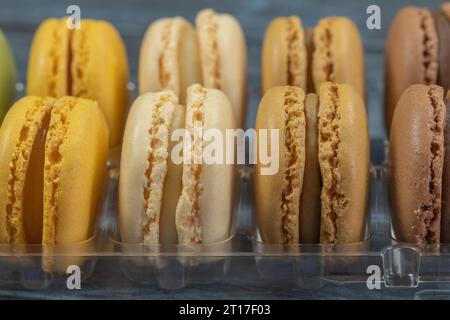 macaroons in a display case, close-up Stock Photo