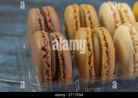 macaroons in a display case, close-up Stock Photo