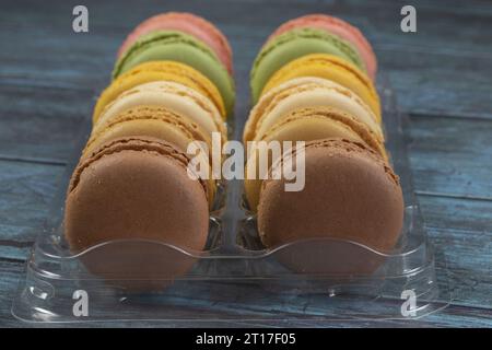 macaroons in a display case, close-up Stock Photo