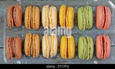 macaroons in a display case, close-up Stock Photo