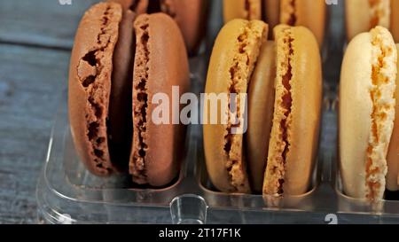 macaroons in a display case, close-up Stock Photo